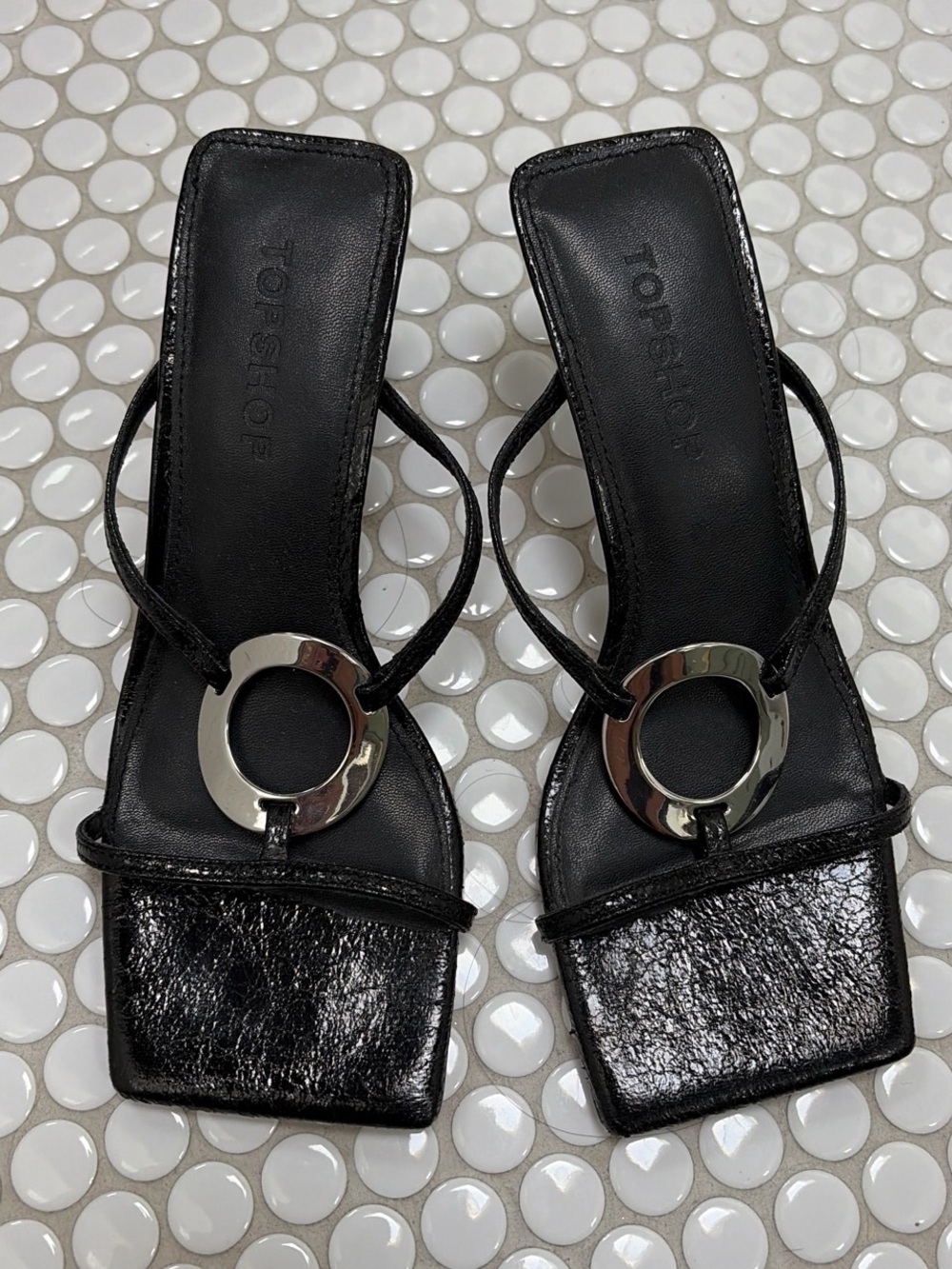 Topshop Black Leather Square-Toe Heeled Sandals with Silver Ring